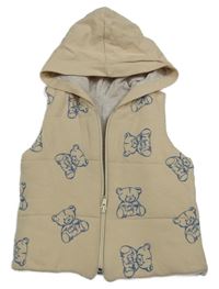 Béžová bavlnená zateplená vesta s medvedíkmi a kapucňou