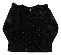 Čierne zamatové tričko s bodkami a volánikmi Dunnes