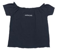 Tmavomdoré rebrované crop tričko s nápisom a lodičkovým výstřihem Destination