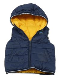 Tmavomodrá šusťáková prošívaná zateplená oboustranná vesta s kapucí 