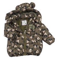 Khaki šusťáková prošívaná zimní bunda s Mickeym a kapucí Primark