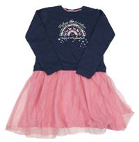 Tmavomodro-světlerůžové teplákovo/tylové šaty s duhou Kids