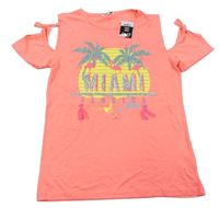 Neónově oranžové melírované tričko s nápisom a flitrami a palmami a plameňáky a volnými rameny PEP&CO