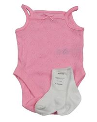 2Set - Růžové košilkové body s perforovanými srdíčky PRIMARK + bílé žebrované ponožky 