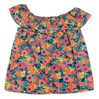 Tmavomodro-kriklavoě korálovo-zelený blúzková ý top s kvetmi a lístečky a volánikom PRIMARK