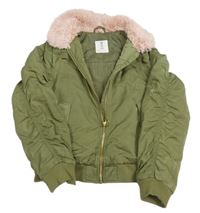 Khaki šusťákový zateplený crop bomber s kožušinovým golierikom H&M