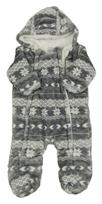 Sivo-biela vzorovaná plyšová zateplená kombinéza s vločkami a kapucňou F&F