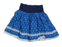 Modro-tmavomodrá plátenná sukňa s kvietkami a čipkou a madeirou