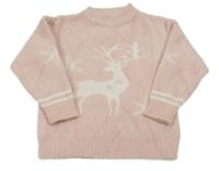 Svetloružový chlpatý sveter s jeleňom