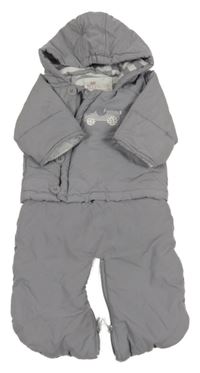 Sivá šušťáková zimná kombinéza s autíčkom a kapucňou Vertbaudet