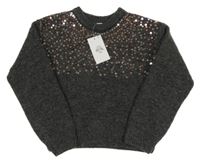 Nové - tmavošedý melírovaný vlněný crop svetr s flitry PRIMARK