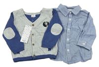 2set- Sivo-modrý prepínaci svetr + Modro-biela pruhovaná košeľa F&F