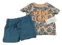 2set - Béžové tričko s listy a nápisem + tmavozelené bavlněné kraťasy F&F