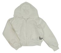 Biela vzorovaná prepínaci crop mikina s nášivkou a kapucňou