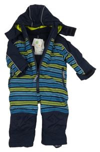 Nové - Tmavomodro-modro-limetková pruhovaná šusťáková zimní kombinéza s kapucí Topomini