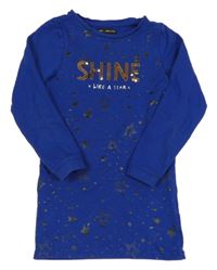 Safírová tepláková šatová tunika s nápisem z flitrů a hvězdami