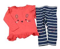 2set - Jahodové triko s králíkem + tmavomodro-bílé pruhované legíny se srdíčky St. Bernard