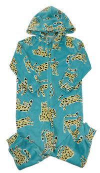 Modrozelená plyšová kombinéza s kočkami a kapucí Tu