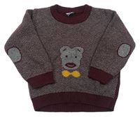 Vínovo-sivý vzorovaný sveter s medvěďom