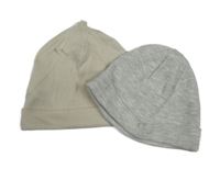 2x čepice - šedá žebrovaná + svetlobéžová