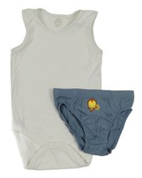 2 set - bílé body + šedomodré slipy s potiskem 