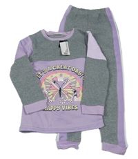 Nové - 2set - Šedo-lila mikina s motýlkem a nápisy + tepláky 