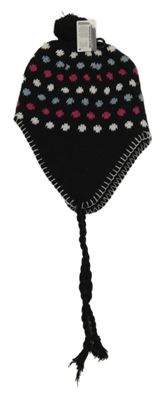 Nové - Černo-bílo-růžovo-modrá puntíkatá čepice s bambulí 