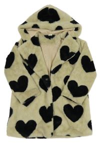 Béžovo-čierny kožušinový podšitý kabát so srdiečkami a kapucňou Shein