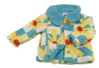 Světlemodro-bielo-žltý kockovaný kvetovaný huňatý podšitý kabát