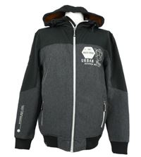 Pánská šedo-černá softshellová jarní bunda s nápisem a kapucí Much More 