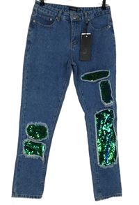 Nové - Dámské modré kotníkové rifle s dírami a flitry LOTD 