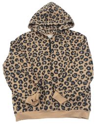 Béžová fleecová mikina s leopardím vzorom a kapucňou H&M