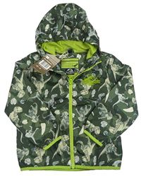 Khaki šusťáková jarní bunda s dinosaury a kapucí 