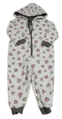 Bílá fleecová kombinéza se srdíčky a kapucí Lupilu