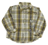 Bielo-olivovo-sivá kockovaná košeľa s nášivkami