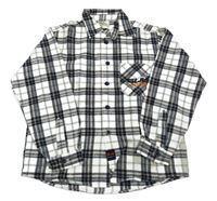 Bílo-tmavomodro-oranžová kostkovaná flanelová košile s nápisem