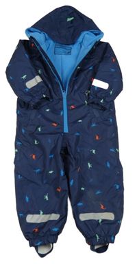 Tmavomodrá šušťáková jarná kombinéza s dinosaurami a kapucňou impidimpi