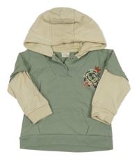 Světlekhaki mikina s potiskem, béžovými rukávy a kapucí Next