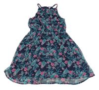 Tmavomodré šifónové šaty s kvetmi Yigga