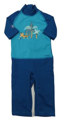 Modro-tmavomodrý UV overal s tygrem a palmami 
