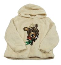 Béžová chlpatá mikina so srnkou z flitrů a kapucňou H&M