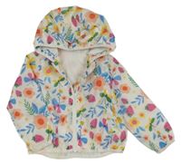 Bílá šusťáková jarní bunda s kytičkami a kapucí E-vie