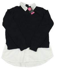 Nové - Černý svetr se všitou košilí F&F