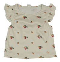 Smotanové rebrované kvetované tričko Shein