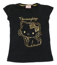 Čierne tričko s Hello Kitty z kamínků