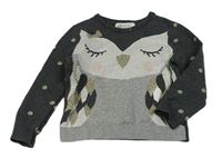 Tmavošedo-sivý melírovaný sveter so sovičkou a bodkami H&M