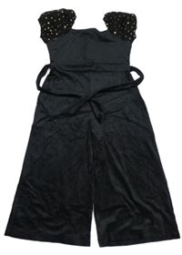 Černý plyšový kalhotový culottes overal se šifonovými balonovými rukávy se zlatými hvězdičkami a zavazováním Matalan