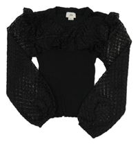 Černé žebrovano/háčkované crop mikinotriko s volánikom RIVER ISLAND