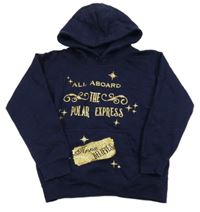 Tmavomodrá mikina so zlatými nápisy a vreckom a kapucňou AWDis