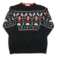 Černý pletený vánoční svetr se Santy a soby a ovladači a vzorem H&M